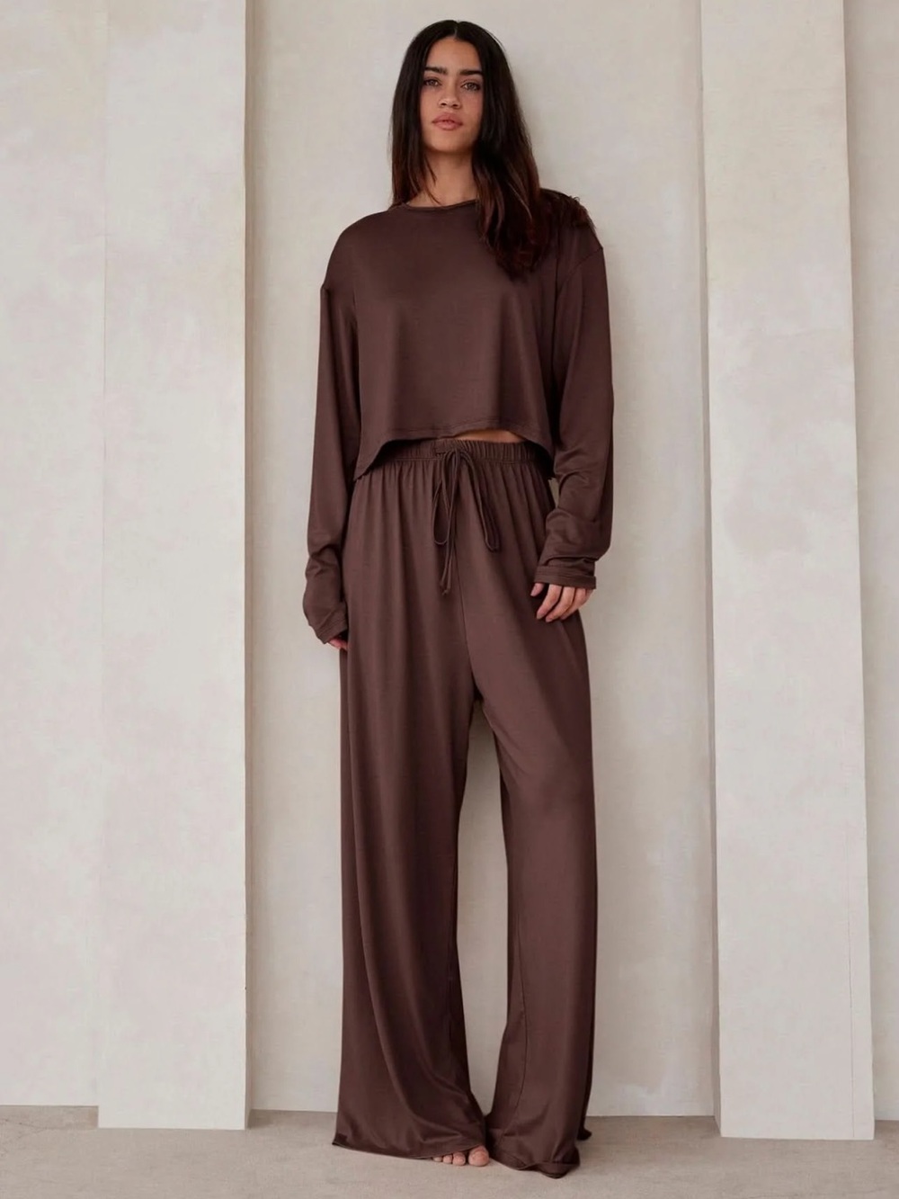 NEW Bumpsuit The Cloud Long Sleeve Crop Tee & High Waisted Pant Set in Chocolate